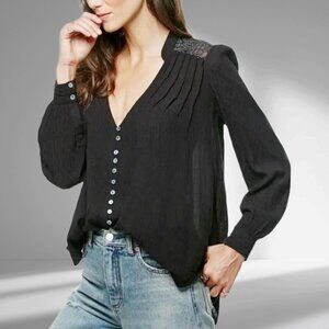 Free People Black Boho Button-Down Blouse Top Hi-Low Hem Sheer Embroidery Size S